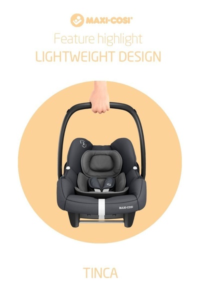 A clean, minimalist product spotlight for the Tinca baby car seat, emphasizing its lightweight design through clear typography and a focused, center-aligned visual.