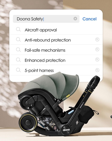 A clean, modern graphic overlay mimicking a mobile search bar to educate users on the safety mechanisms of the Doona stroller.