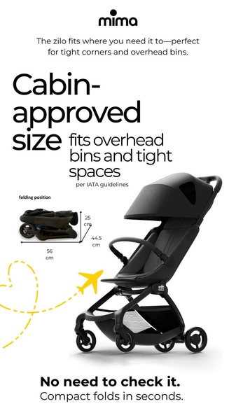 This vertical ad highlights the travel-friendly dimensions and quick-folding capabilities of a compact baby stroller using clear text callouts.
