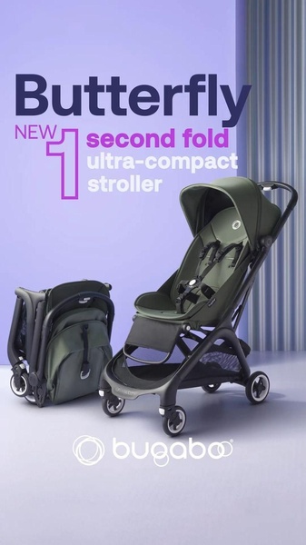 A minimalist studio shot showcasing a stroller in both open and folded positions against a soft purple background to emphasize its compact design.
