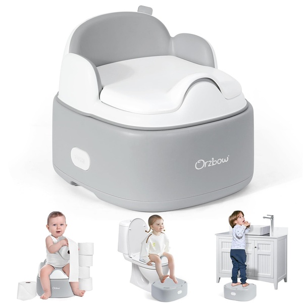This composite creative showcases three distinct usage scenarios for a toddler potty training seat, highlighting its adaptability from initial potty training to a functional step stool.