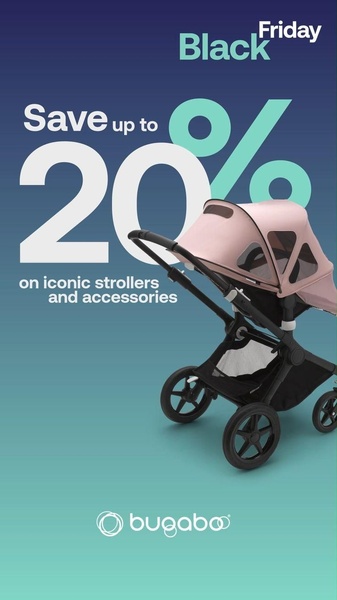 A 9:16 vertical promotional graphic featuring a baby stroller and clear percentage-off text to drive Black Friday conversion.