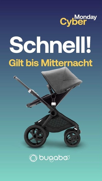 A minimalist, high-contrast ad featuring a single stroller product against a blue-to-teal gradient background, focusing on time-sensitive Cyber Monday sales.