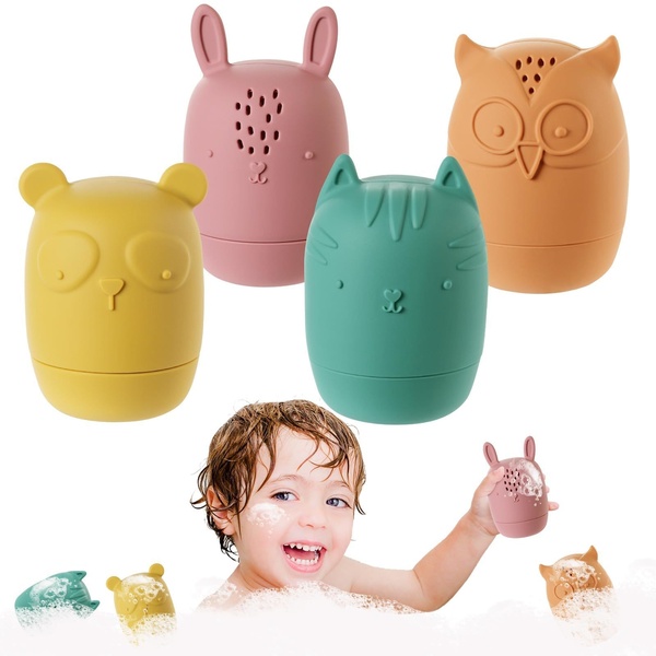 A high-conversion 1:1 square ad showcasing colorful animal-themed bath toys being used by a happy child, emphasizing the fun and interactive nature of the product.