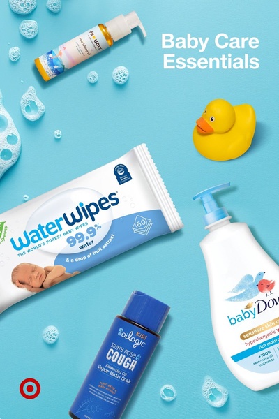 baby wipes, baby lotion, baby bath oil, baby skincare, baby grooming products, bestseller push, flat lay, minimalist, fresh, calm, blue, neutral