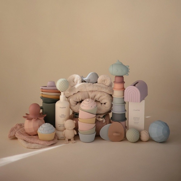 baby bath toys, silicone stacking cups, baby skincare, hooded baby towel, infant bath set, new arrival, minimalist, flat lay, calm, fresh, neutral, pastel