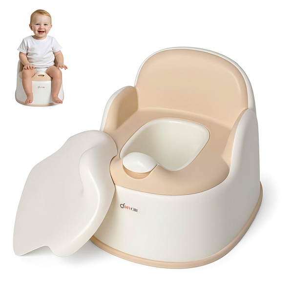A clean, isolated product shot featuring a baby potty training chair alongside a small, happy user to demonstrate utility.