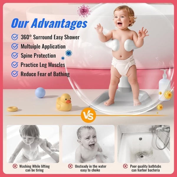 This 1:1 square ad uses a split-screen layout to contrast the product benefits of a specialized bath chair against the common dangers of traditional bathing methods.