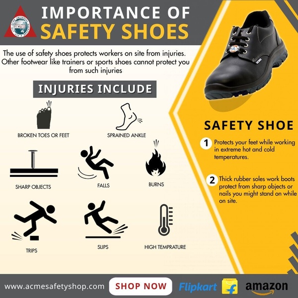 This ad uses a clean infographic style to highlight the protective benefits of safety shoes by clearly listing potential job site injuries and how the product mitigates these risks.