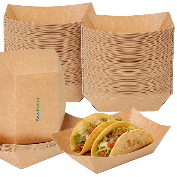 A clean, high-contrast studio shot of eco-friendly paper food boats stacked alongside a sample serving of tacos to demonstrate product scale and usage.