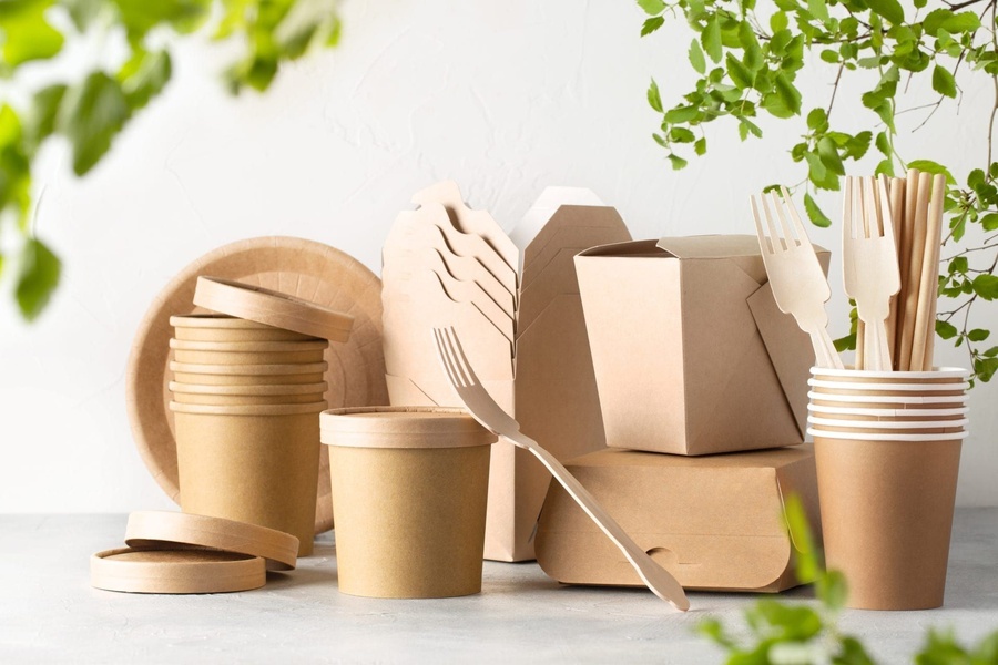 A high-quality, clean-background product arrangement featuring various compostable food service items including bowls, boxes, and wooden cutlery.