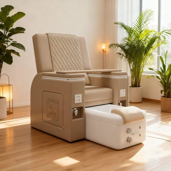 This ad creative uses a bright, high-end photography style to showcase a modern pedicure chair in a serene salon environment.