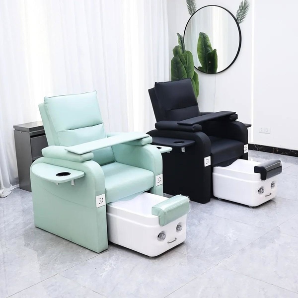 A side-by-side comparison of a mint green and black luxury pedicure chair setup in a modern, well-lit salon environment.