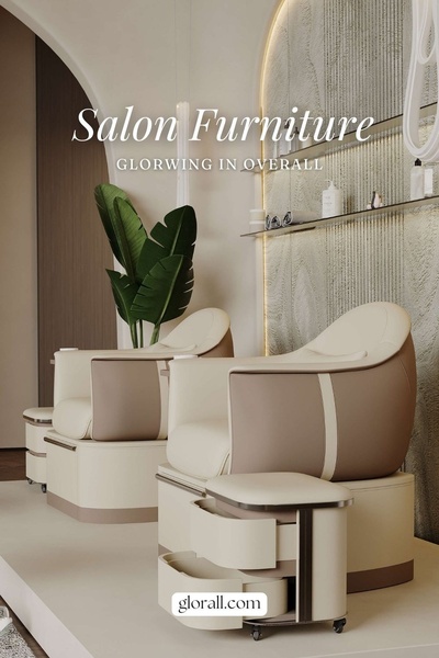 A high-end product showcase for salon chairs utilizing a minimalist, neutral aesthetic and soft lighting to convey luxury.