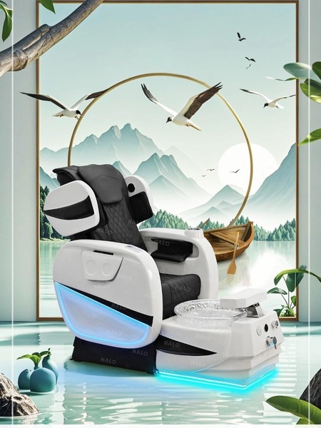 A high-end pedicure chair is staged in a serene, nature-inspired environment featuring a lake landscape to convey comfort and premium quality.