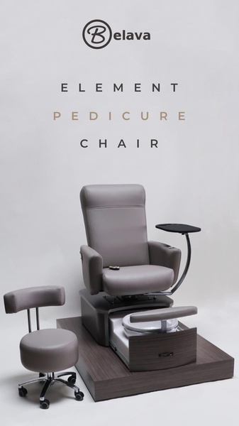 This creative showcases a professional, neutral-toned pedicure chair in a clean, high-key studio environment to emphasize product quality.