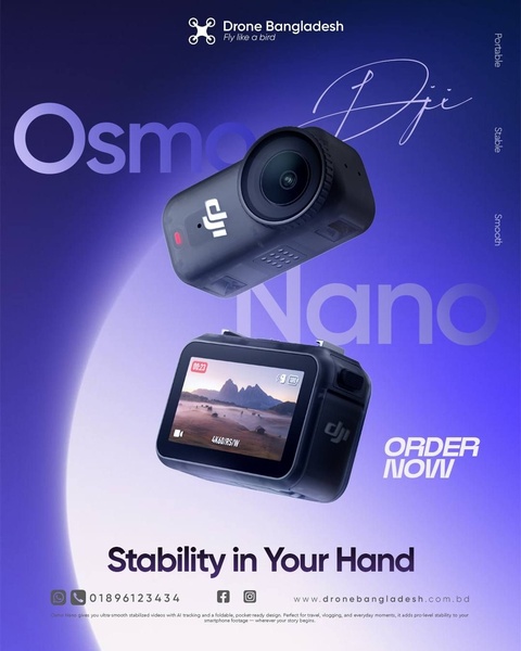 This static creative showcases the DJI Osmo Pocket from two different angles against a high-contrast blue and purple gradient background.