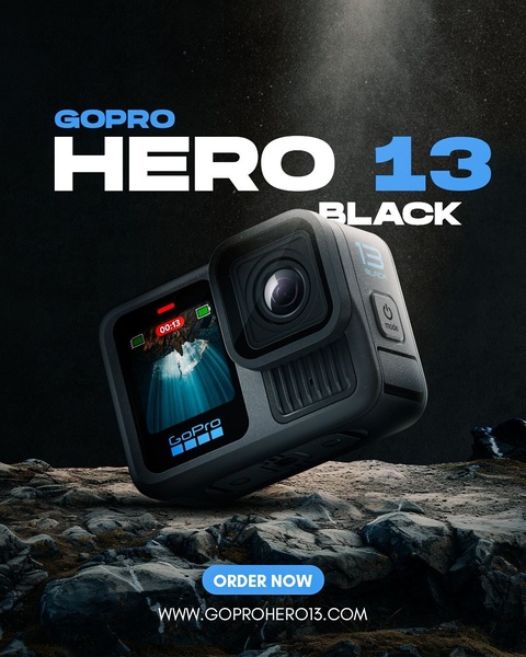 A high-contrast, cinematic product hero shot of the GoPro Hero 13 Black set against a dramatic, rocky environment to emphasize durability and adventure.