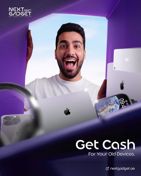 A high-energy ad creative showing a person excited to trade in various Apple electronics for cash.