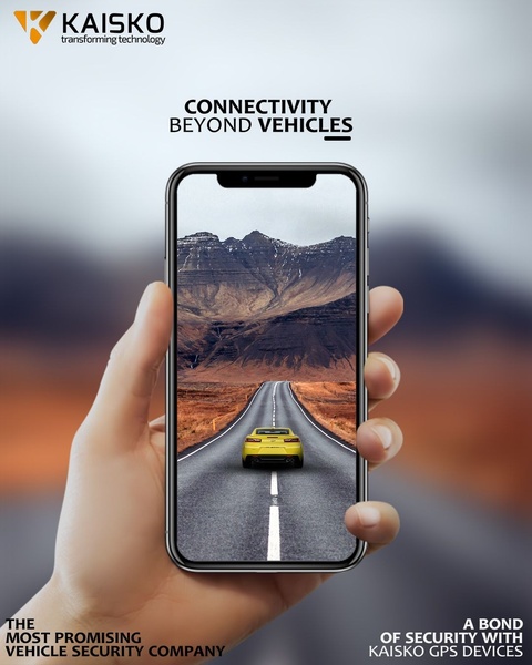 A handheld smartphone displays a scenic road trip, symbolizing seamless vehicle tracking and security.