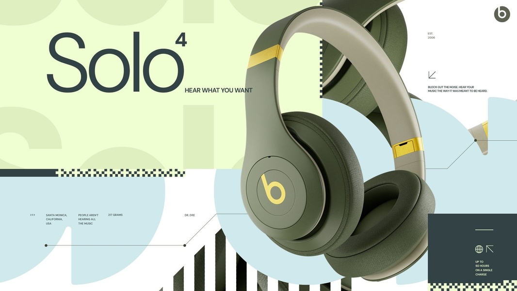 A high-end product advertisement for wireless headphones using geometric shapes and a muted olive and light green palette to highlight technical specifications.
