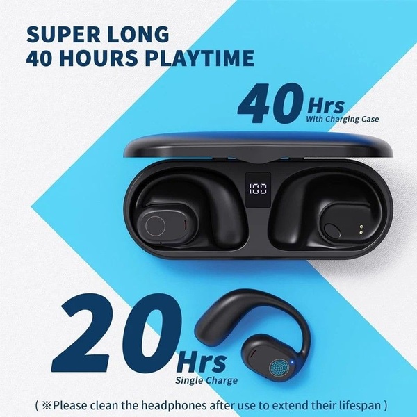 A clean, feature-focused ad showing wireless earbuds alongside their charging case, emphasizing a 40-hour total battery life.