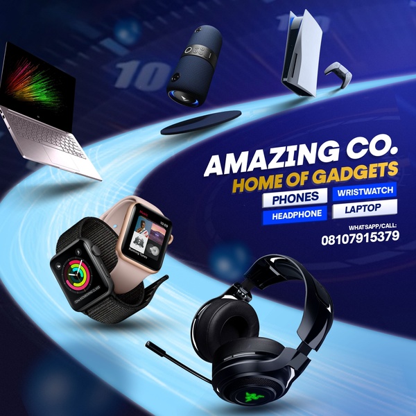 A 1:1 square digital advertisement featuring a variety of consumer electronics including a laptop, smart watch, bluetooth speaker, headphones, and gaming console.