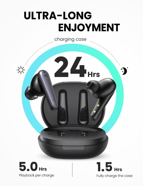 A clean, high-contrast creative highlighting the 24-hour total battery life of wireless earbuds through clear typography and product visualization.