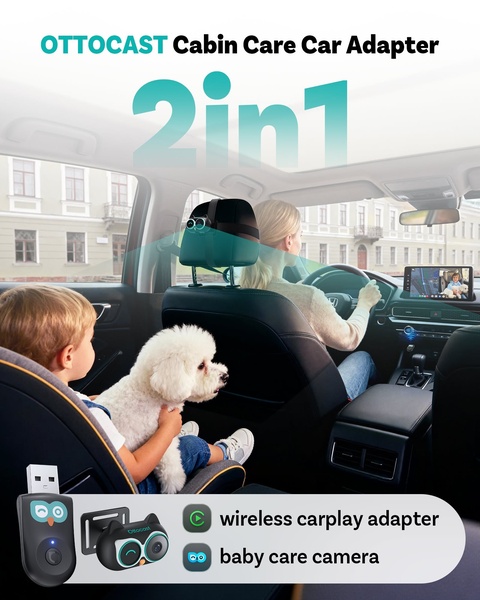 A clear, benefits-driven ad showcasing a 2-in-1 car adapter that combines wireless CarPlay capabilities with a dedicated baby care camera.