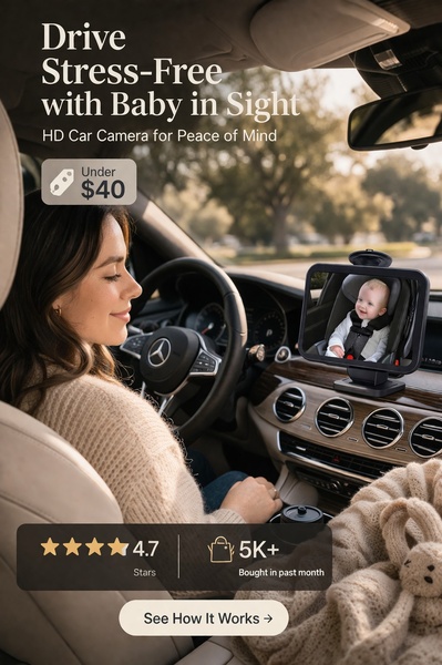 A high-quality lifestyle image showing a mother driving peacefully while using a car baby monitor, emphasizing safety and ease of use.