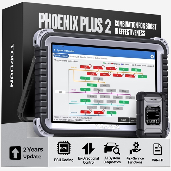 A high-clarity product shot of the Phoenix Plus 2 diagnostic tablet showing its system topology interface, paired with its core technical feature set.