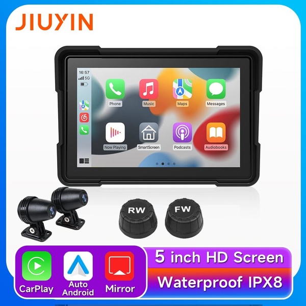 This ad creative features a high-definition product hero shot of a CarPlay display screen, alongside its included camera hardware, highlighting core connectivity features.