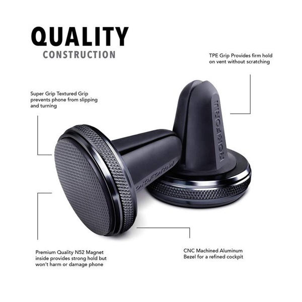 A technical breakdown highlighting the materials and engineering features of a premium car phone mount.