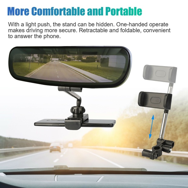 A clear, instructional product image showing a foldable car phone mount attached to a rearview mirror, emphasizing its compact, one-handed operation.