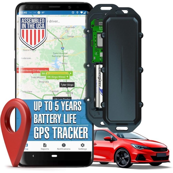 This creative highlights the ultra-long battery life of a GPS tracker by layering product internal components over a live tracking interface and a vehicle visual.