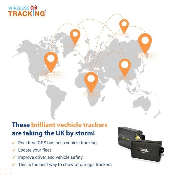 A clear, informative ad featuring a world map with location pins highlighting the global reach of a vehicle tracking product.