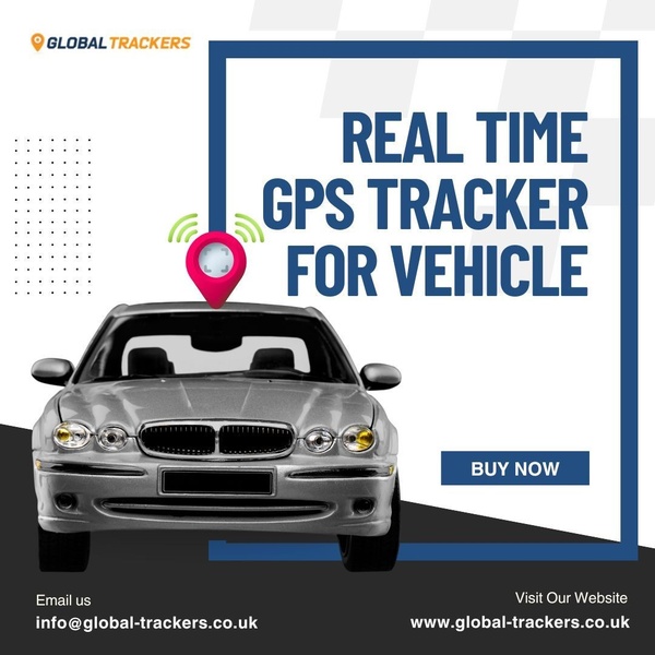 A clean, feature-focused advertisement showcasing a vehicle GPS tracker with a location pin overlay and a clear call to action.