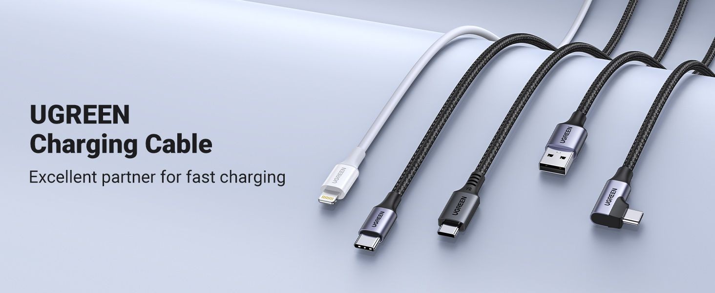 A high-quality product photography ad showcasing multiple charging cable variants against a soft blue gradient background.