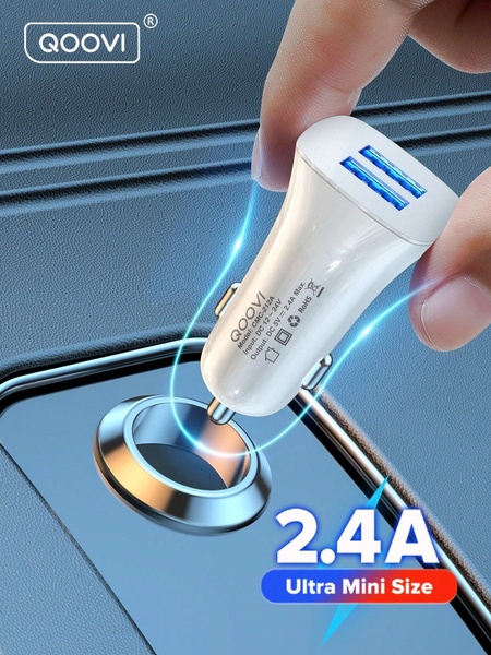 A close-up demonstration of a compact, dual-port car charger being inserted into a vehicle port, emphasizing its ultra-mini size and 2.4A output power.