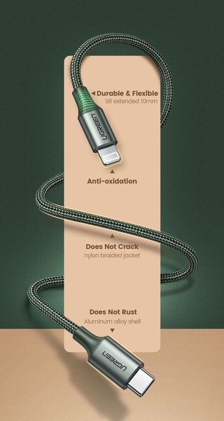 A vertical-oriented advertisement showcasing a charging cable's key durability features using an annotated, minimalist aesthetic.