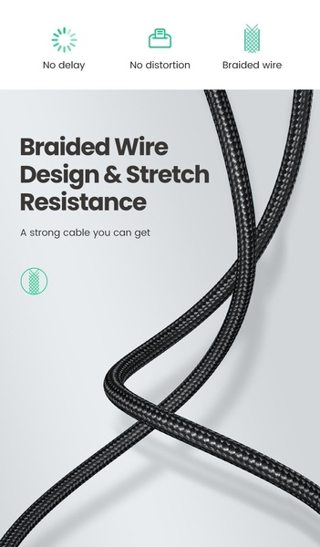 A high-contrast visual display of a braided cable highlighting key technical benefits like no delay and no distortion with minimalist icons.
