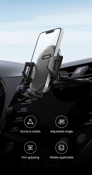 A high-contrast, professional product shot of a phone car mount displaying four distinct feature icons and labels on a black background.