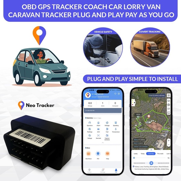A feature-focused ad highlighting the easy installation and security benefits of an OBD GPS tracker through clear product shots and app screenshots.