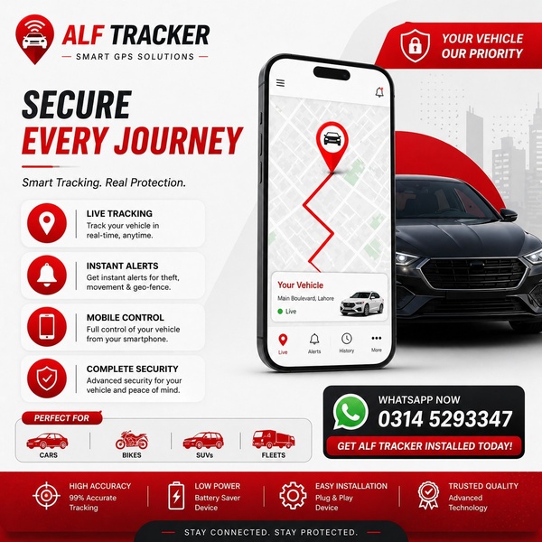 A clean, feature-focused ad for a vehicle GPS tracker that highlights real-time monitoring and theft protection via a mobile interface.