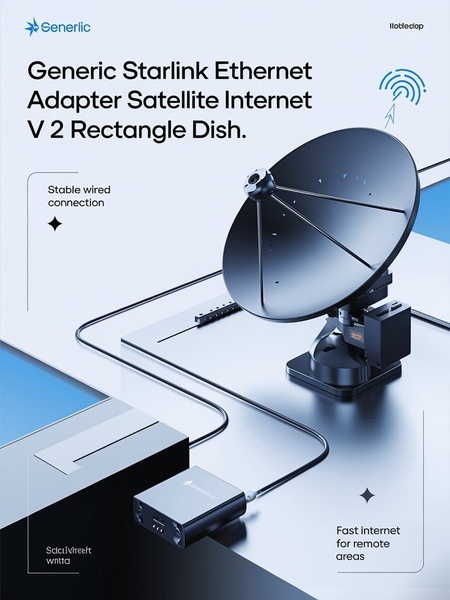 A high-contrast, clean 3D render showcasing a satellite dish and Ethernet adapter, highlighting stable wired connection and remote internet capabilities.