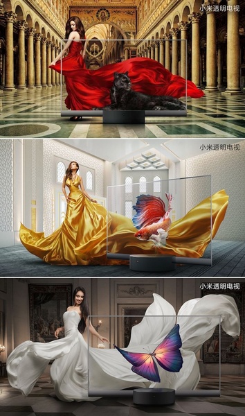 A series of high-fashion product shots featuring a transparent television integrated into a palatial setting with colorful, flowing organic elements.