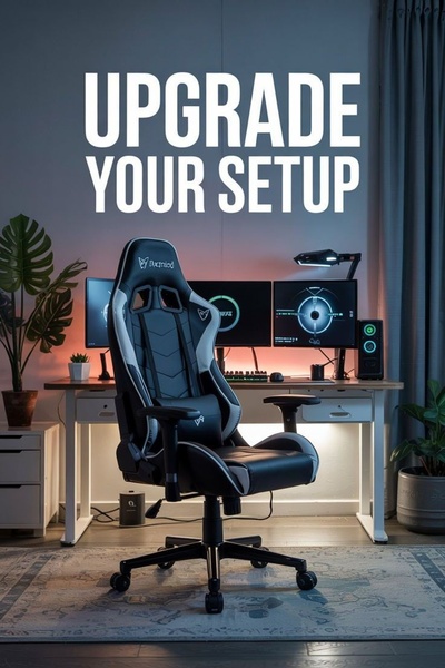 A high-quality image of a gaming chair centered in a professional, well-lit workstation with dual monitors, using a clean aesthetic to appeal to gamers.