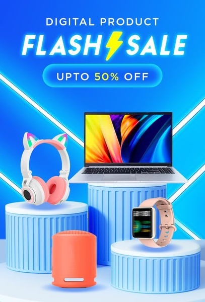 A high-contrast promotional ad for a digital product sale featuring a laptop, headphones, and a smartwatch on a tiered display.