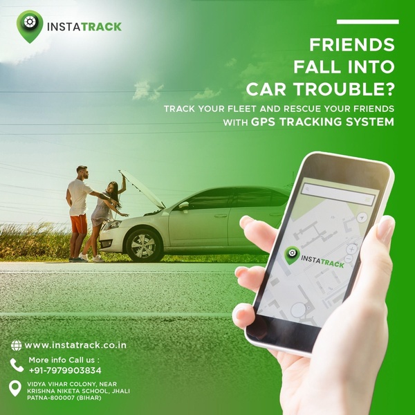 A split-view image showing a broken-down car on one side and a person using a mobile GPS app on the other.
