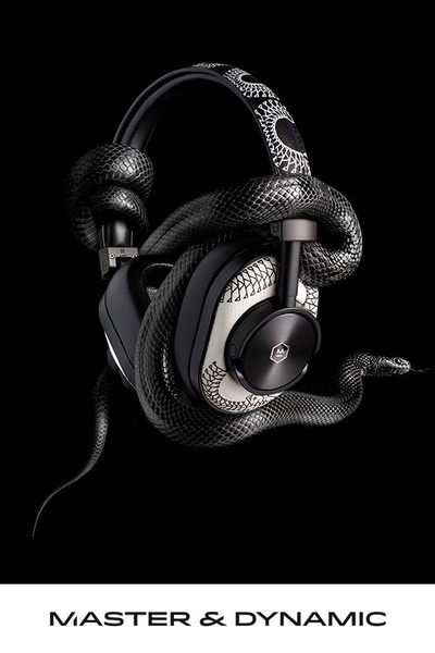 A striking creative featuring premium black headphones wrapped by a realistic snake on a pitch-black background, emphasizing high-end luxury and mystery.